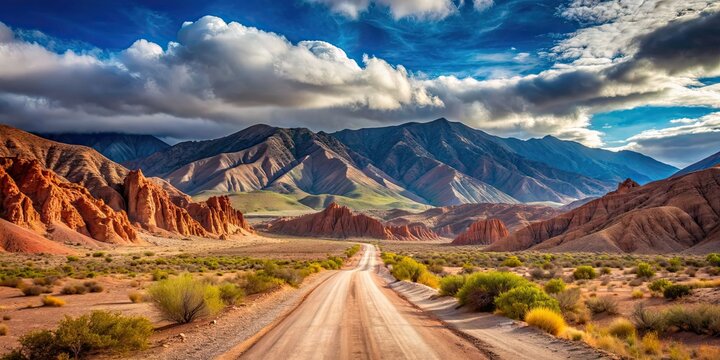 Dusty road passing through the stunning landscapes of Salta province, Argentina , Road, province, Salta