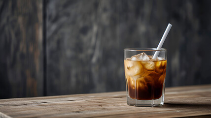 Coffee and milk are mixed in a highball glass with ice. gray wooden table background. Ai generative