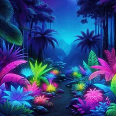A mesmerizing scene of a neon jungle under a starry night, perfect for fantasy, adventure, and exotic themes.
