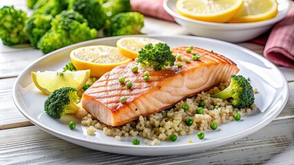 Grilled salmon fillet with quinoa, broccoli, and lemon garnish on a white plate, healthy, meal, seafood, fish, protein