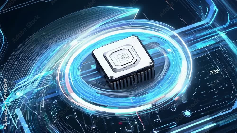 Poster a cutting-edge microchip is showcased against a futuristic digital backdrop, highlighting advanced t