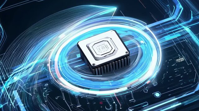 A cutting-edge microchip is showcased against a futuristic digital backdrop, highlighting advanced technology and engineering.
