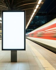 A blank advertising board at a bustling train station, capturing the essence of urban movement and transportation.