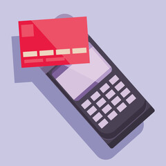 Illustration featuring a credit card hovering over a pos terminal, symbolizing contactless payment technologies