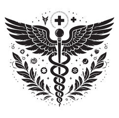 Fototapeta premium Caduceus health vector silhouette black vector art illustration design.