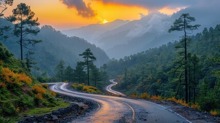 Scenic Winding Road Through Misty Mountain Landscape