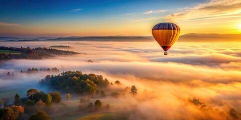 Obraz premium Hot air balloon floating above misty landscape at dawn, Hot air balloon, landscape, misty, golden sky, dawn, peaceful