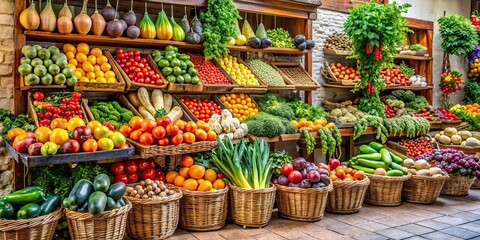 Fototapeta premium Colorful array of organic fruits and vegetables at a local farmer's shop in Spain, sunny day, small shop, street market