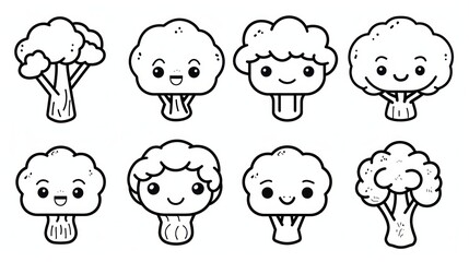 Eight cute cartoon broccoli characters, perfect for coloring pages and kids' designs.