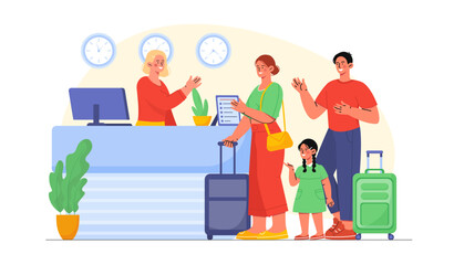 Family in airport check in. Man, woman and girl with suitcases talking to airport employee. Tourists and travelers. Holiday and vacation. Flat vector illustration