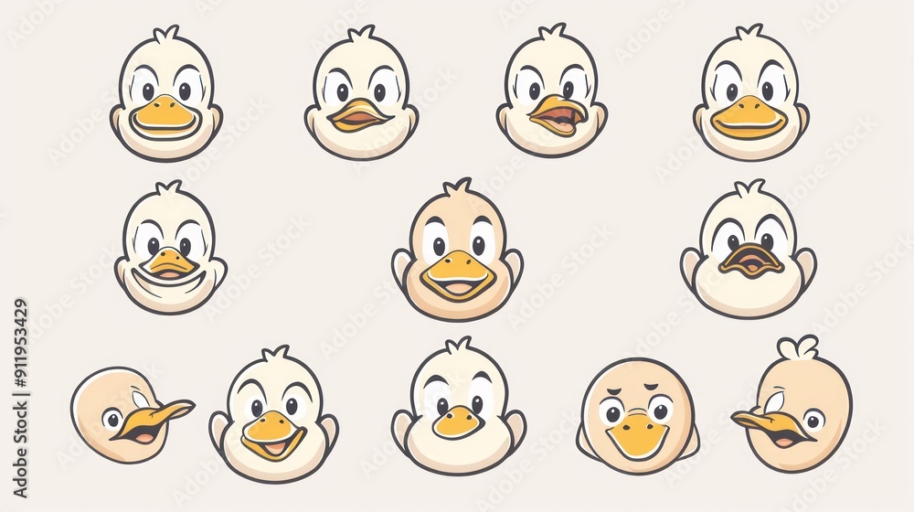 Poster Set of cartoon duck face expressions, perfect for animation.