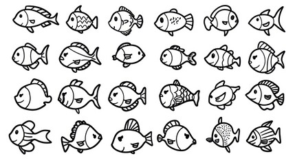 Fototapeta premium Collection of 20 outlined cartoon fish illustrations.