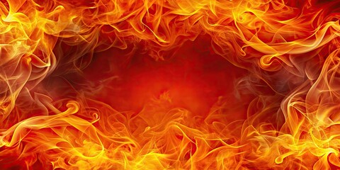Fototapeta premium Abstract orange fire background texture with red border, yellow flames, and swirling smoke pattern , fire, background, texture