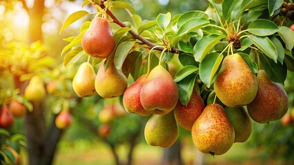 Obraz premium Ripe organic cultivar pears hanging from branches in a lush summer garden , organic, pears, ripe, cultivar, summer, garden