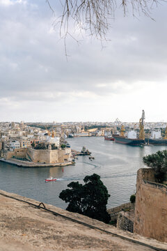 Fortress Wall in Valleta and a View of the City of Malta