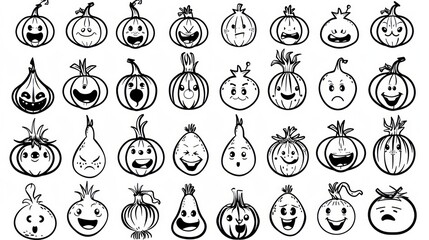 36 Onions with different emotions in black and white cartoon style.