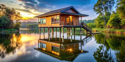 Obraz premium House built on stilts over tranquil river, house, water, river, stilts, architecture, nature, peaceful, serene, reflection, remote