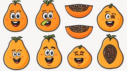 Fototapeta premium Collection of cute papaya fruit cartoon characters with different expressions.