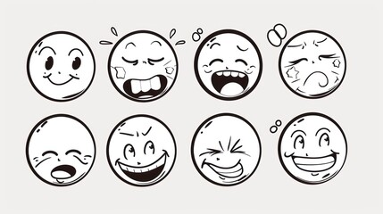 Naklejka premium Set of eight hand-drawn emoticon faces showing various expressions.