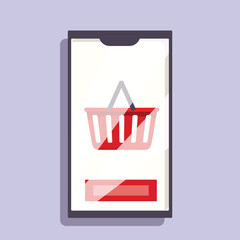 Smartphone is showing a shopping basket and a red button, representing the concept of online shopping
