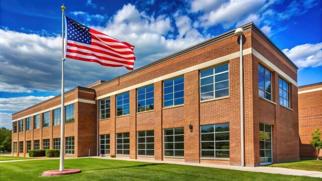 American school building exterior with brick walls, large windows, and a flag flying outside, school, building