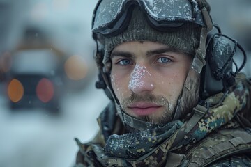 Portrait of infantry soldier in camouflage uniform near armored vehicle outdoors