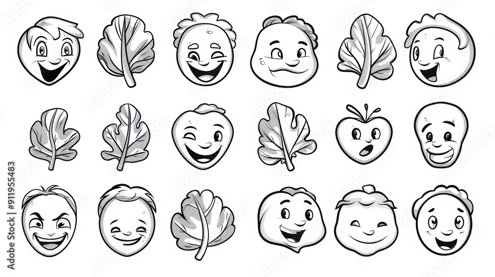 Sticker Cartoon fruit characters with various expressions and leaves.