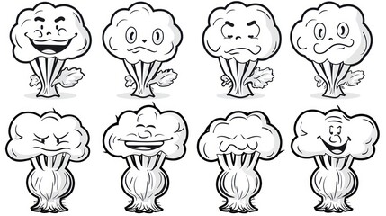 Eight cartoon broccoli with various facial expressions.
