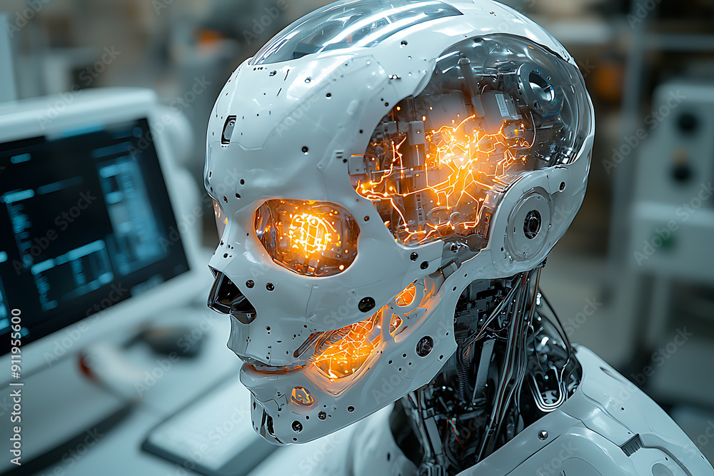 Poster close-up of an advanced humanoid robot with a transparent skull revealing intricate circuits and glo
