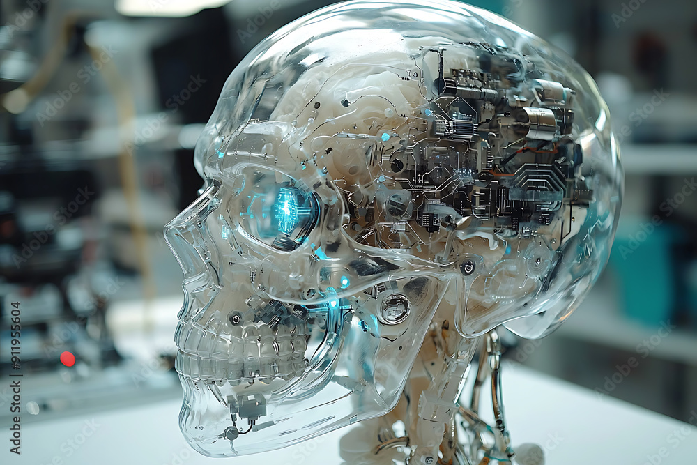 Poster close-up of an advanced humanoid robot with a transparent skull revealing intricate circuits and glo