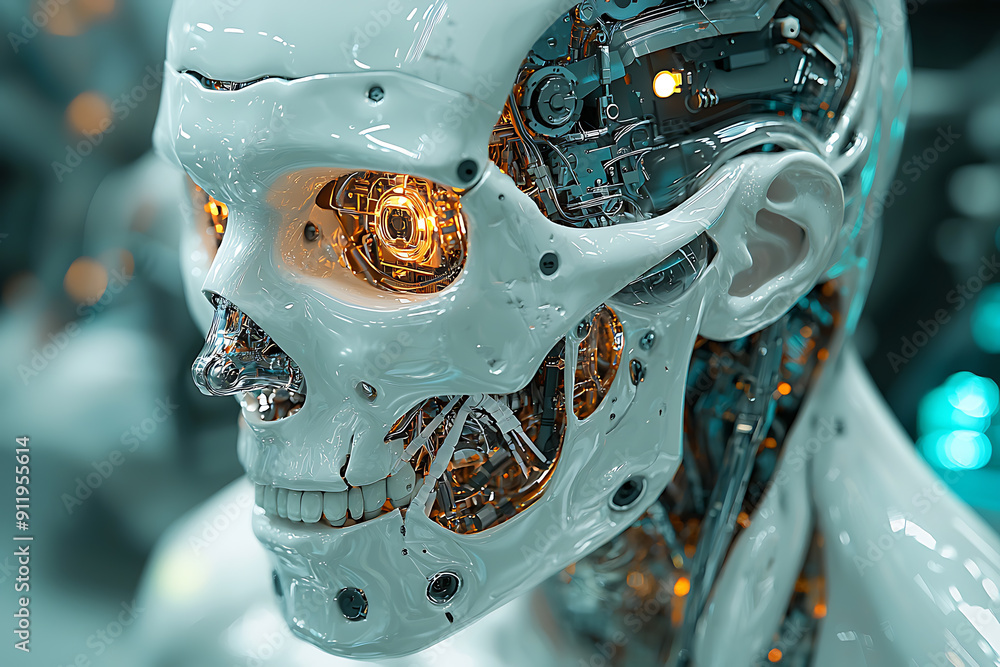 Poster close-up of an advanced humanoid robot with a transparent skull revealing intricate circuits and glo
