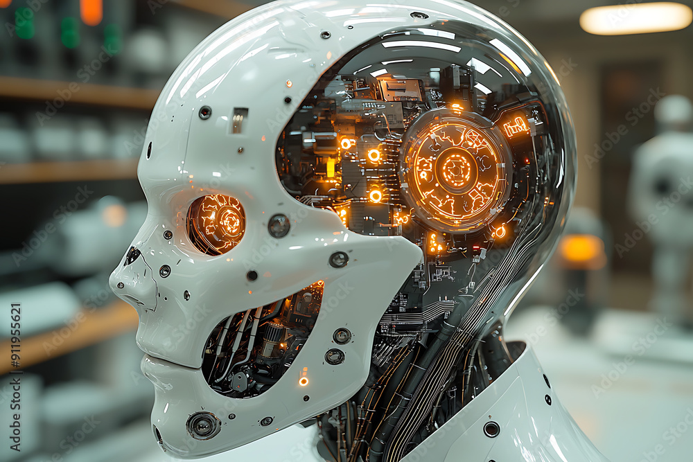 Poster close-up of an advanced humanoid robot with a transparent skull revealing intricate circuits and glo