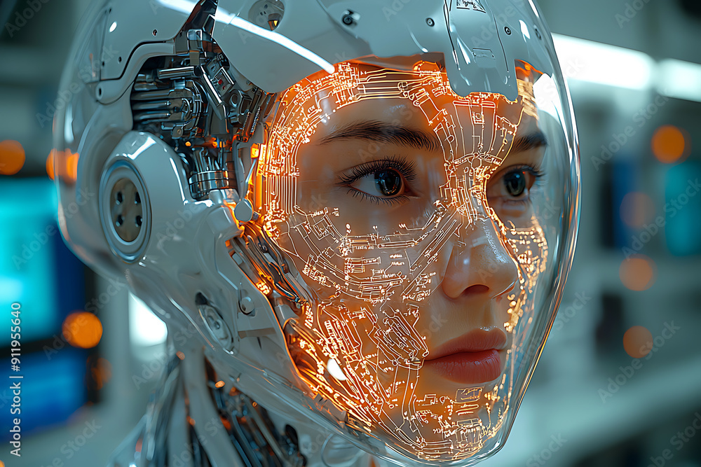 Poster close-up of an advanced humanoid robot with a transparent skull revealing intricate circuits and glo