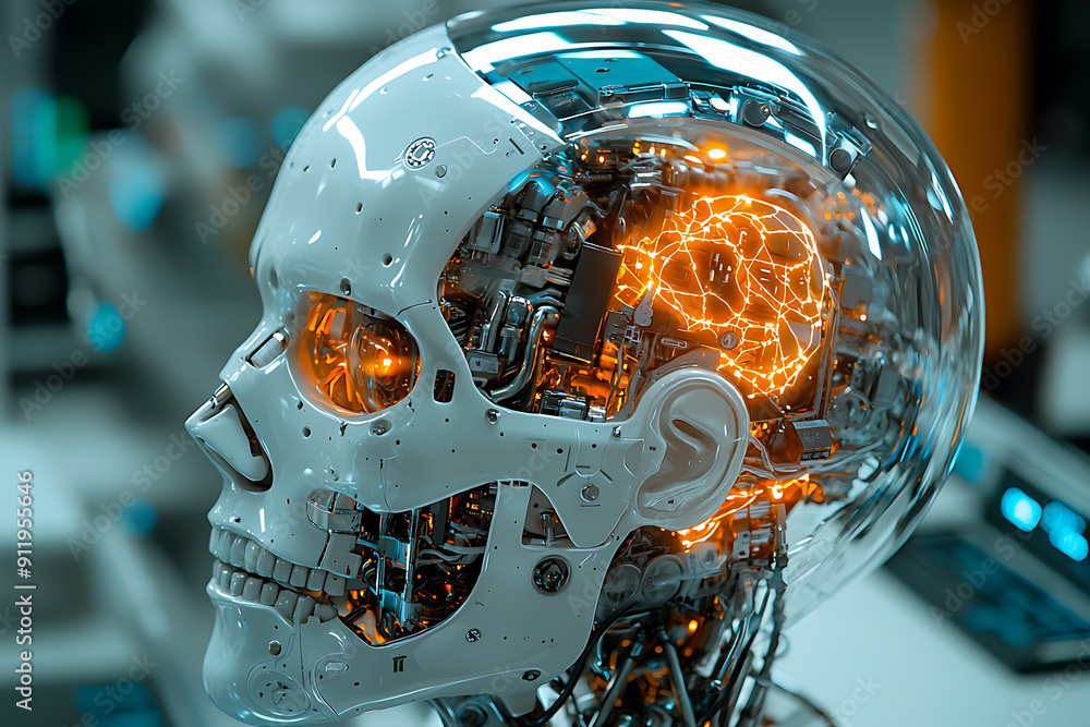 Poster close-up of an advanced humanoid robot with a transparent skull revealing intricate circuits and glo