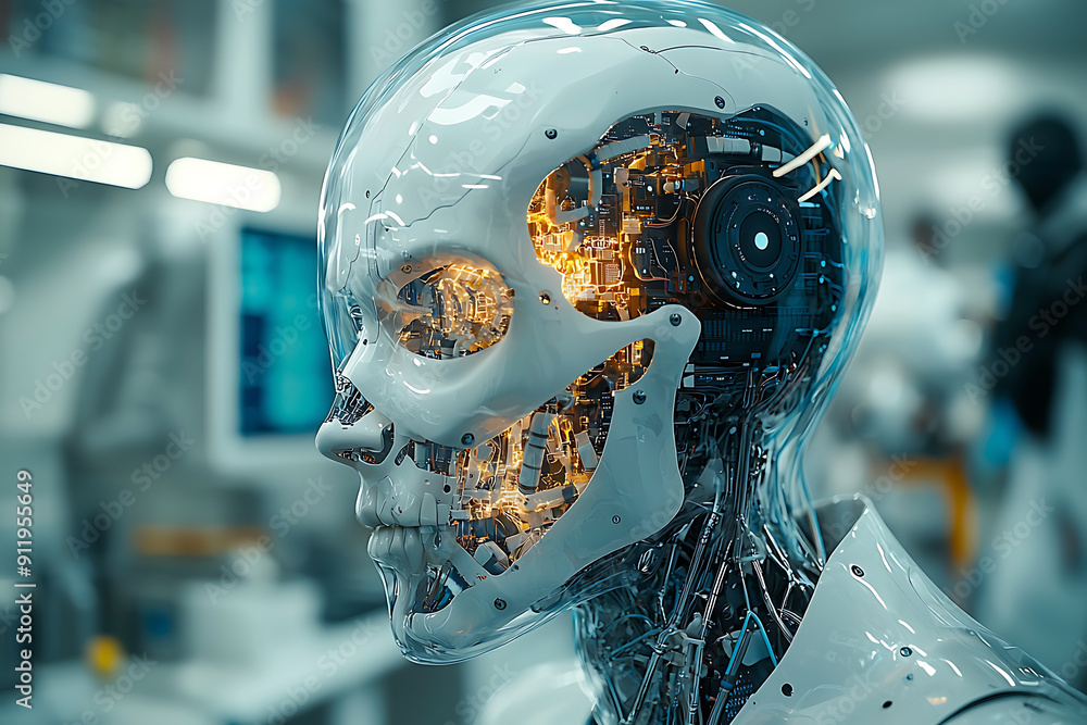 Poster close-up of an advanced humanoid robot with a transparent skull revealing intricate circuits and glo