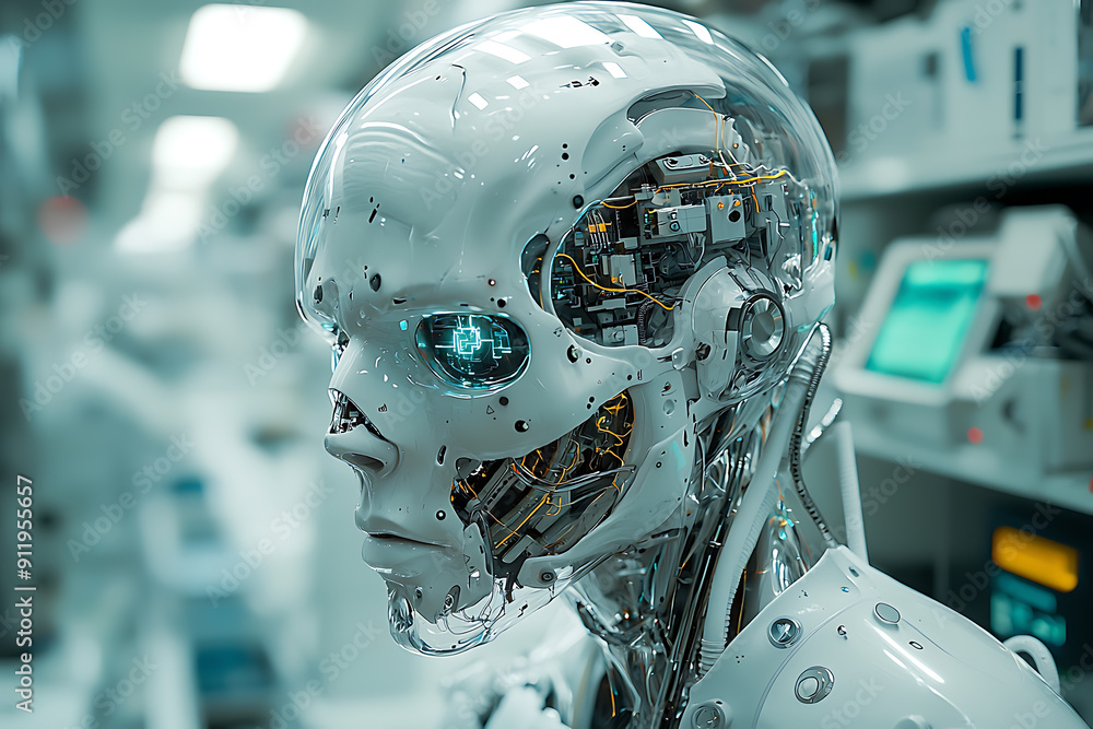Poster close-up of an advanced humanoid robot with a transparent skull revealing intricate circuits and glo