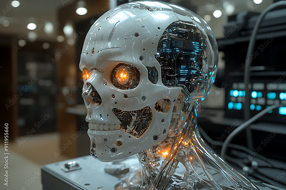 Poster close-up of an advanced humanoid robot with a transparent skull revealing intricate circuits and glo