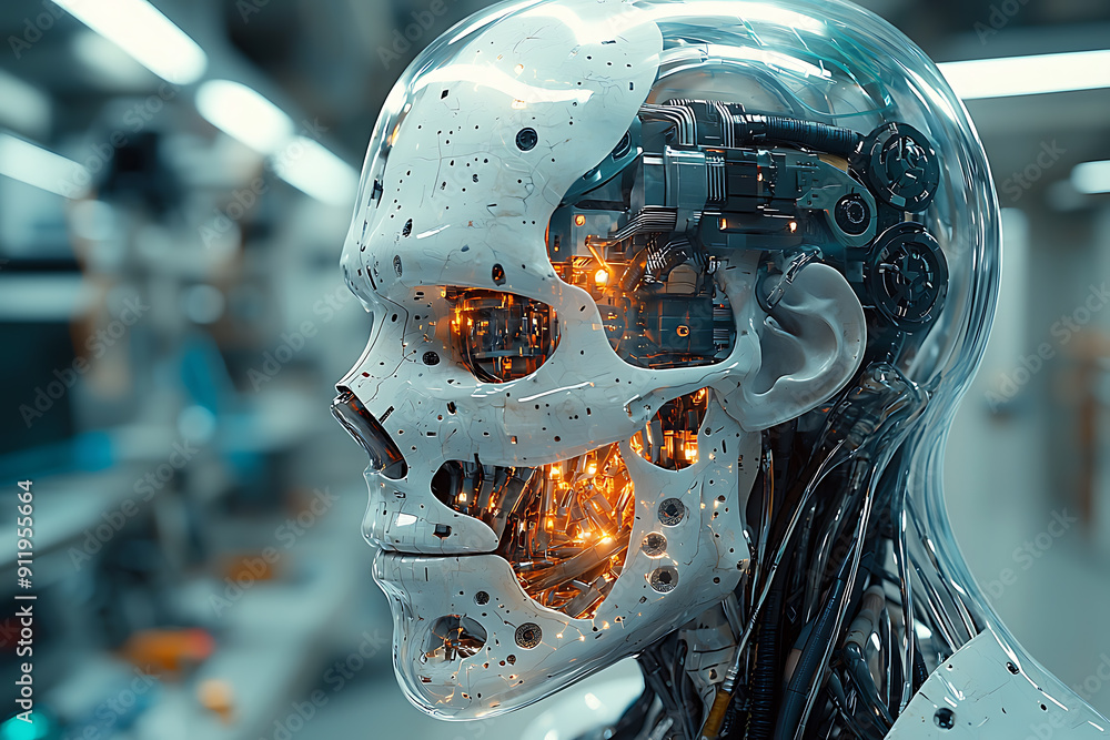 Poster close-up of an advanced humanoid robot with a transparent skull revealing intricate circuits and glo