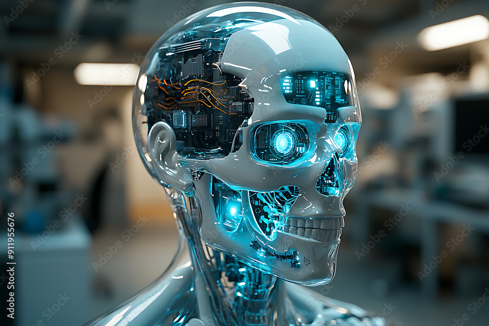 Poster close-up of an advanced humanoid robot with a transparent skull revealing intricate circuits and glo