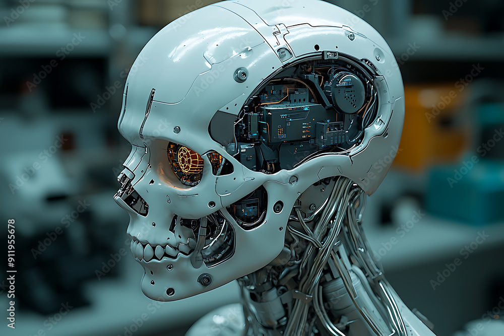 Poster close-up of an advanced humanoid robot with a transparent skull revealing intricate circuits and glo