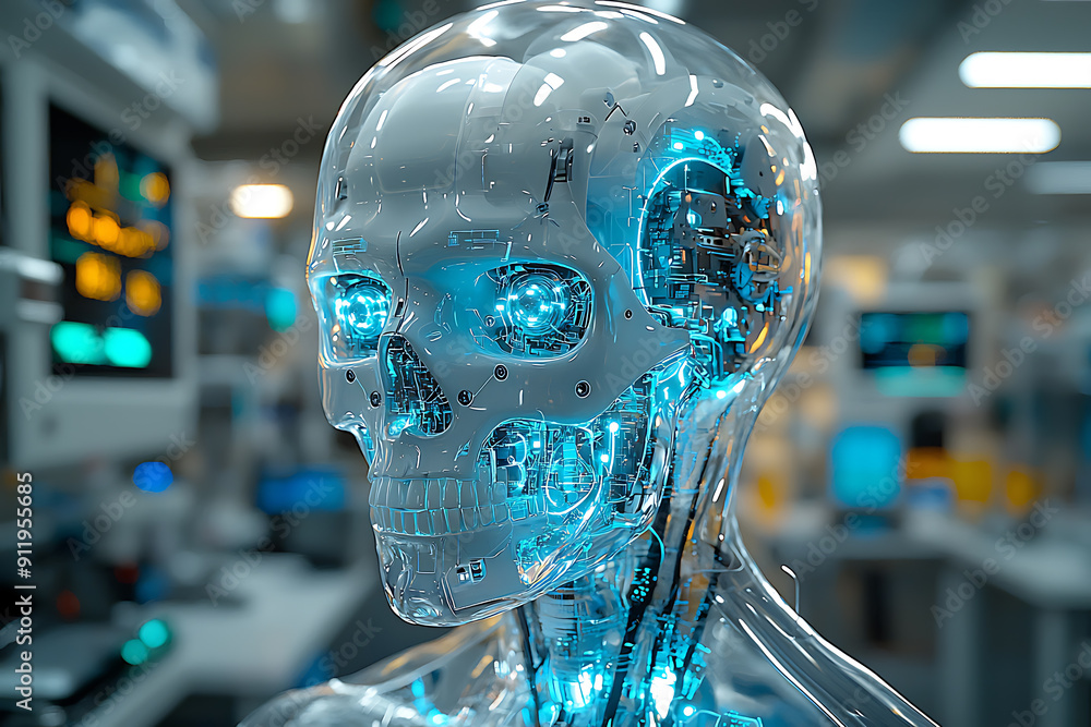Poster close-up of an advanced humanoid robot with a transparent skull revealing intricate circuits and glo