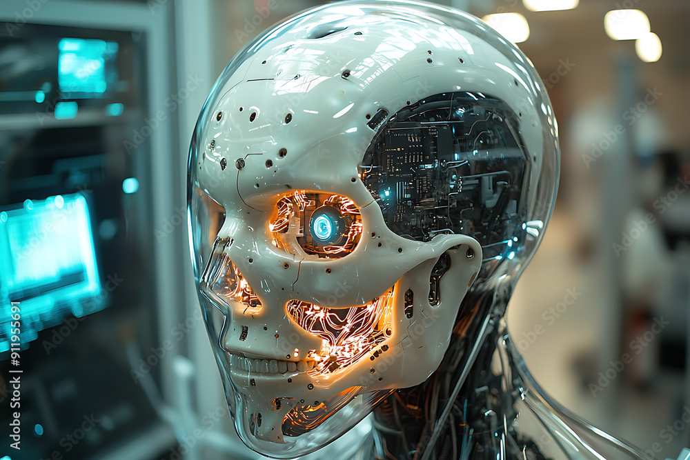 Poster close-up of an advanced humanoid robot with a transparent skull revealing intricate circuits and glo