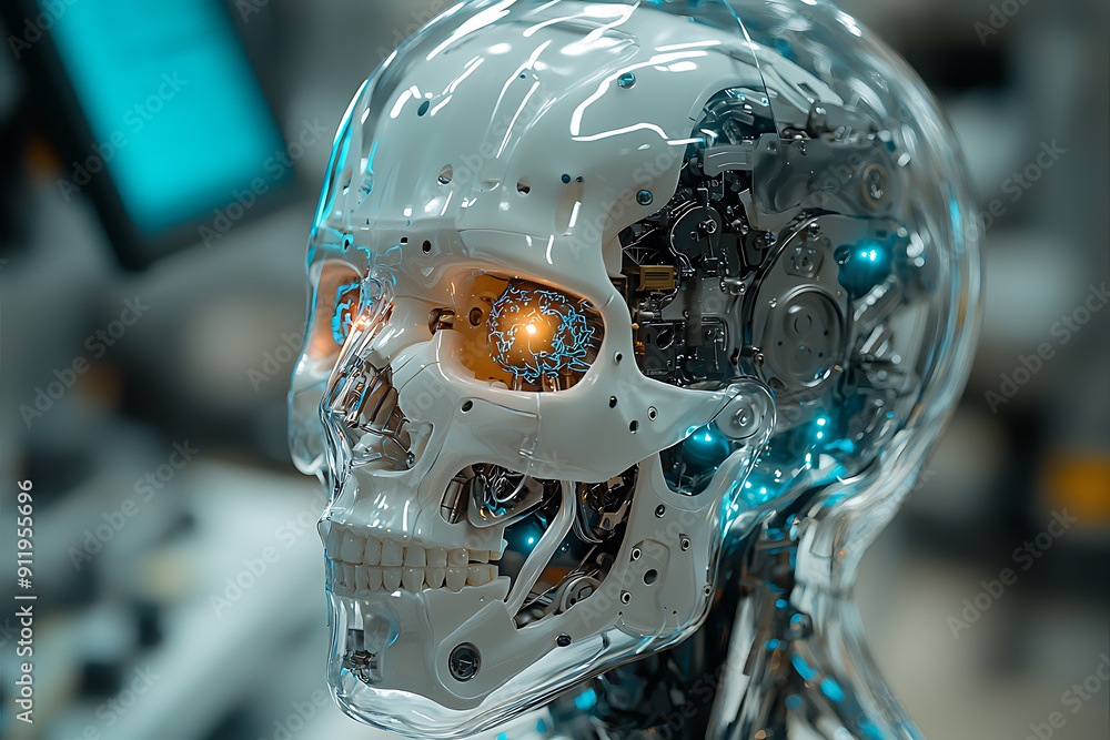 Poster close-up of an advanced humanoid robot with a transparent skull revealing intricate circuits and glo