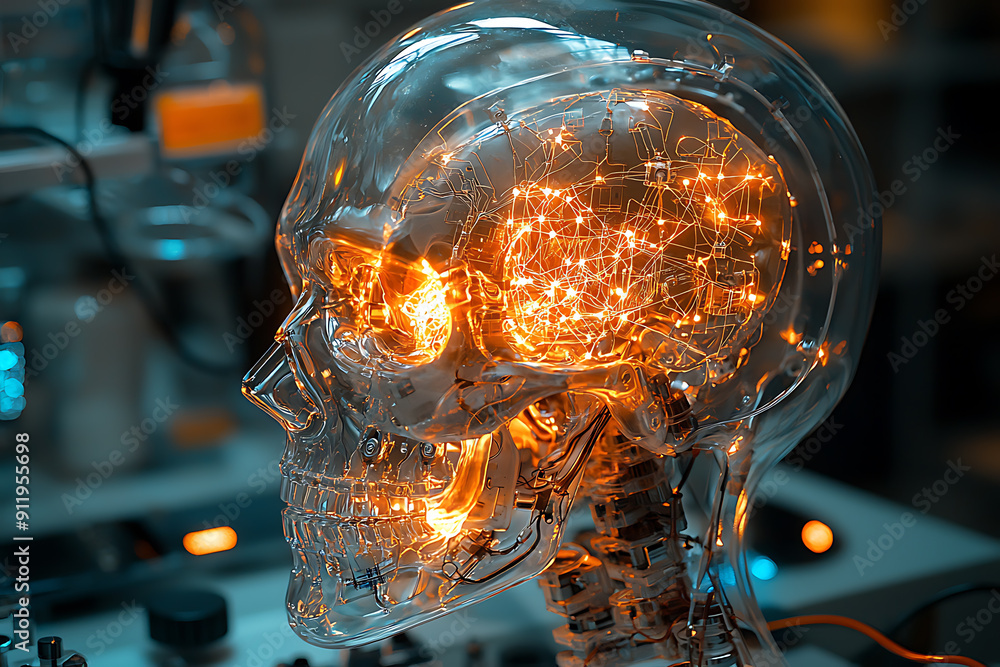 Poster close-up of an advanced humanoid robot with a transparent skull revealing intricate circuits and glo