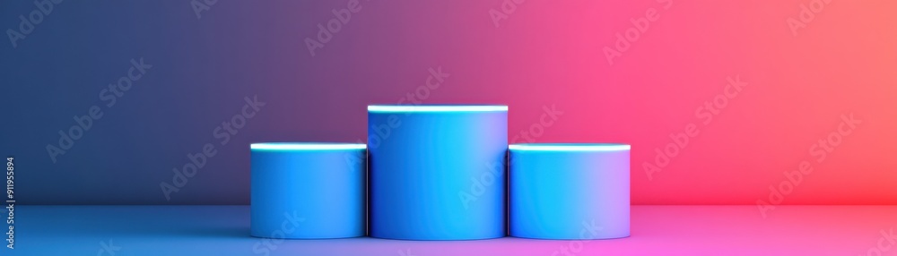 Poster a vibrant abstract scene featuring three cylindrical shapes in varying sizes against a colorful grad
