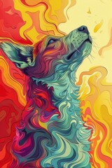 Abstract dog head in vibrant colors with swirls.