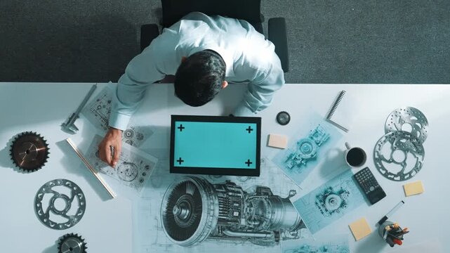 Top view of skilled engineer writing in paper while looking at tablet display green screen with turbine engine sketch design and metal gear and architectural equipment scatter around. Alimentation.