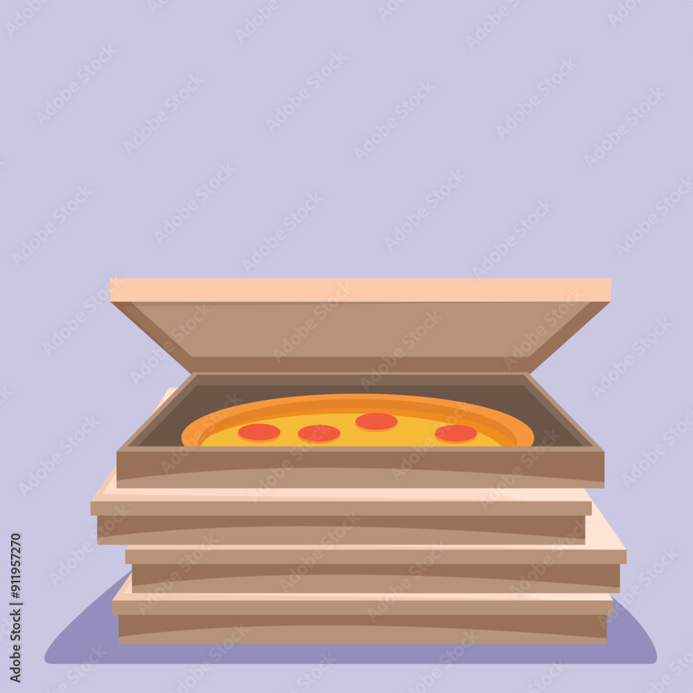 Poster stack of plain cardboard pizza boxes with the top one open revealing a fresh pizza inside