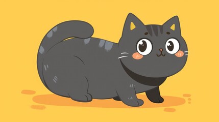 Obraz premium Cute cartoon black cat with big eyes on a yellow background.