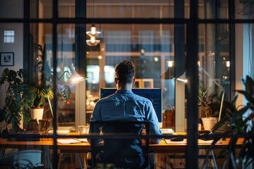 a businessman working alone at his computer at night, tired and stressed out from overwork